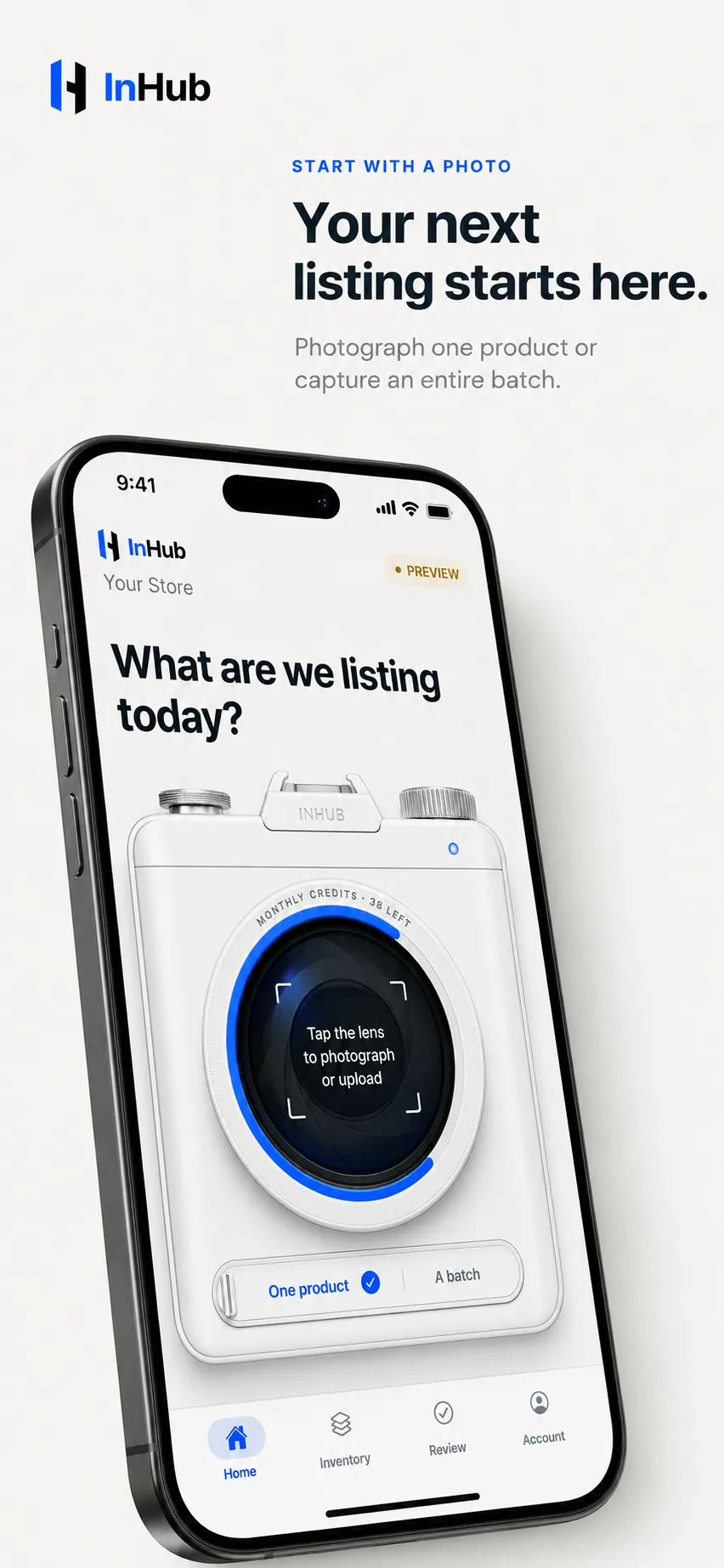 The InHub capture screen asking what are we listing today