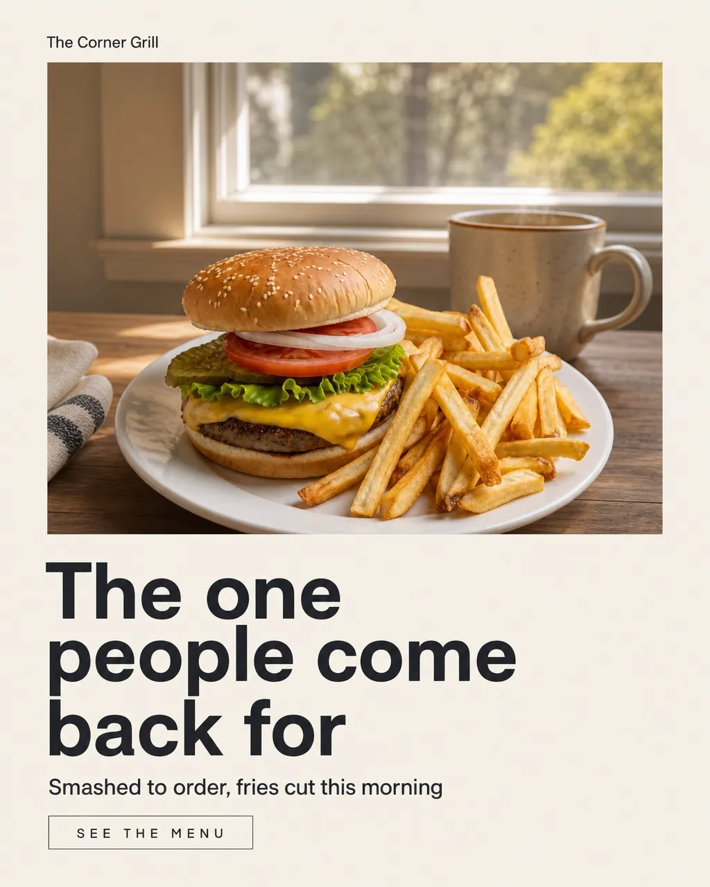 An ad for a cheeseburger and fries by a diner window, the photograph inset in a margin with the headline beneath it