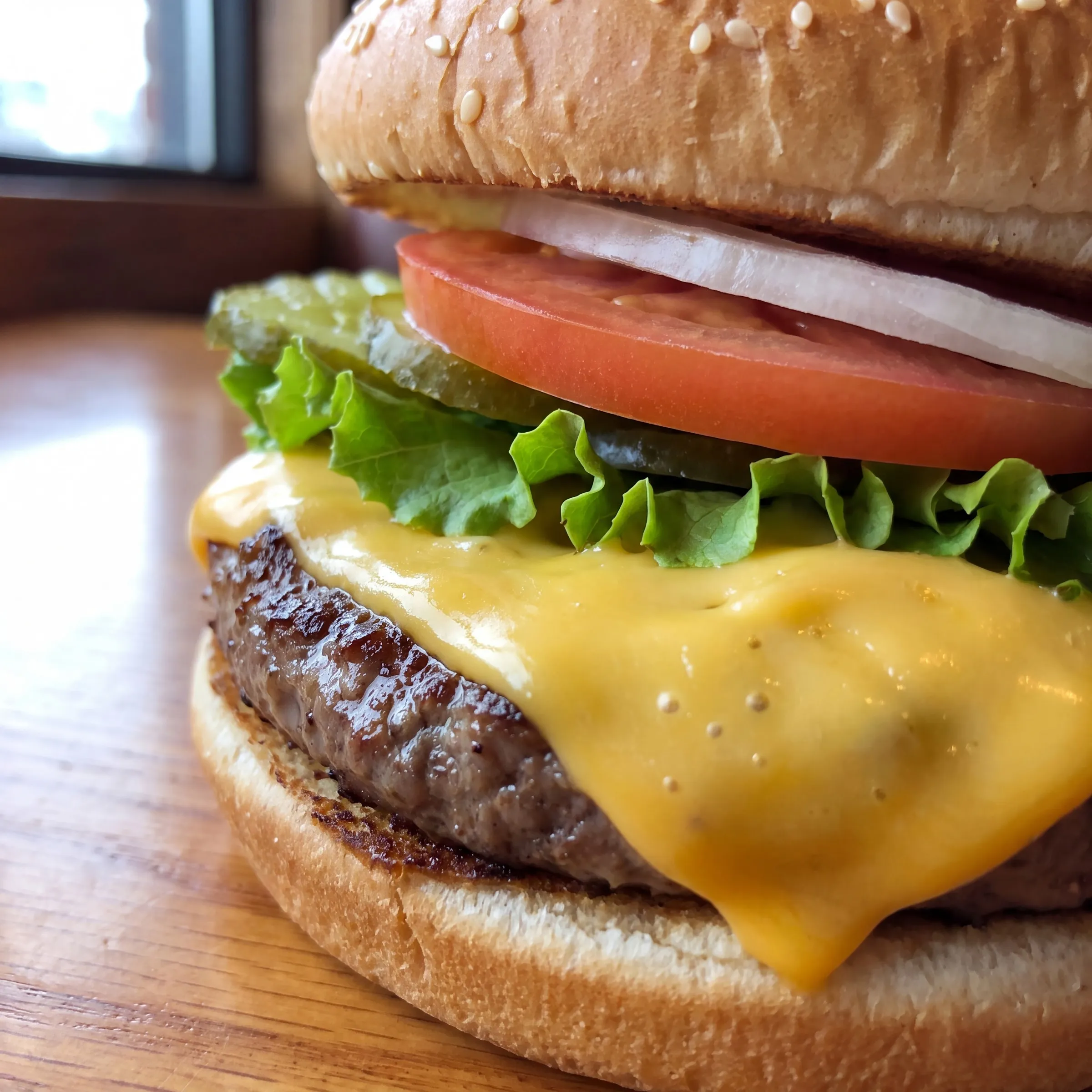 A cheeseburger, close enough to see the cheese