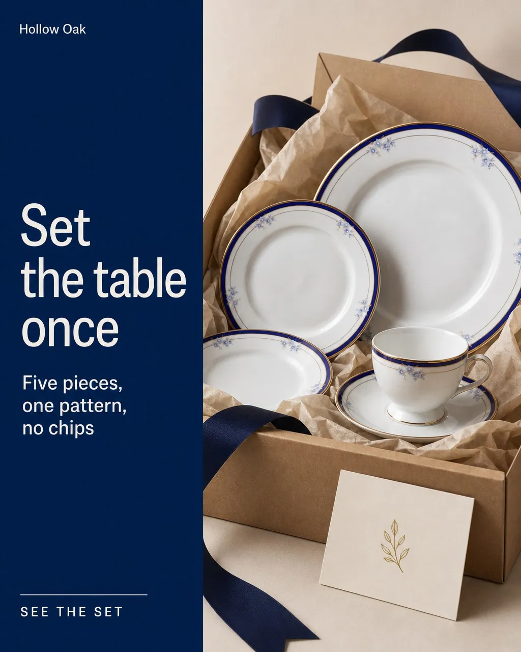 An ad for a cobalt and gold place setting: the headline on a deep blue field on the left, the china in a gift box on the right