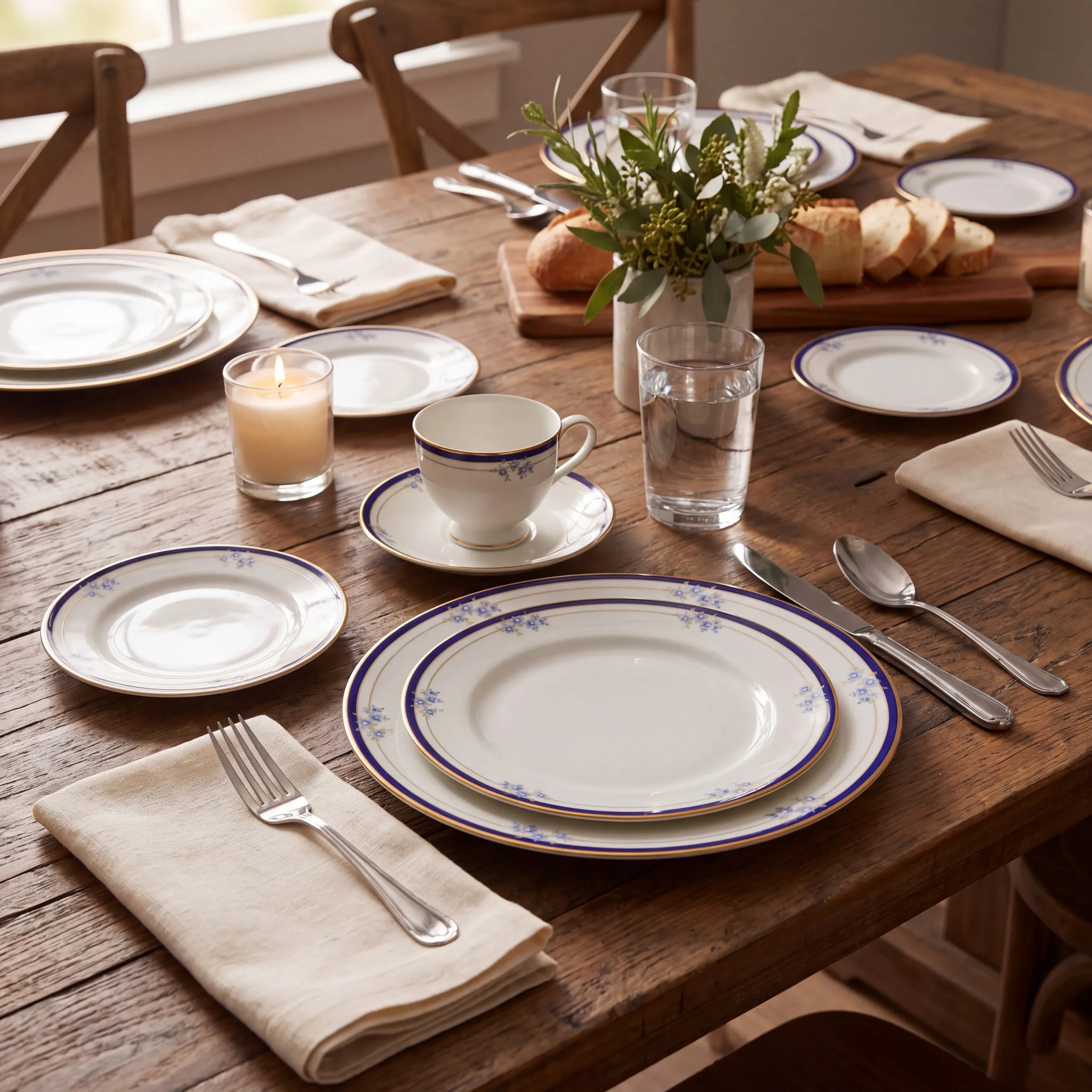 A cobalt and gold place setting laid on a linen dining table