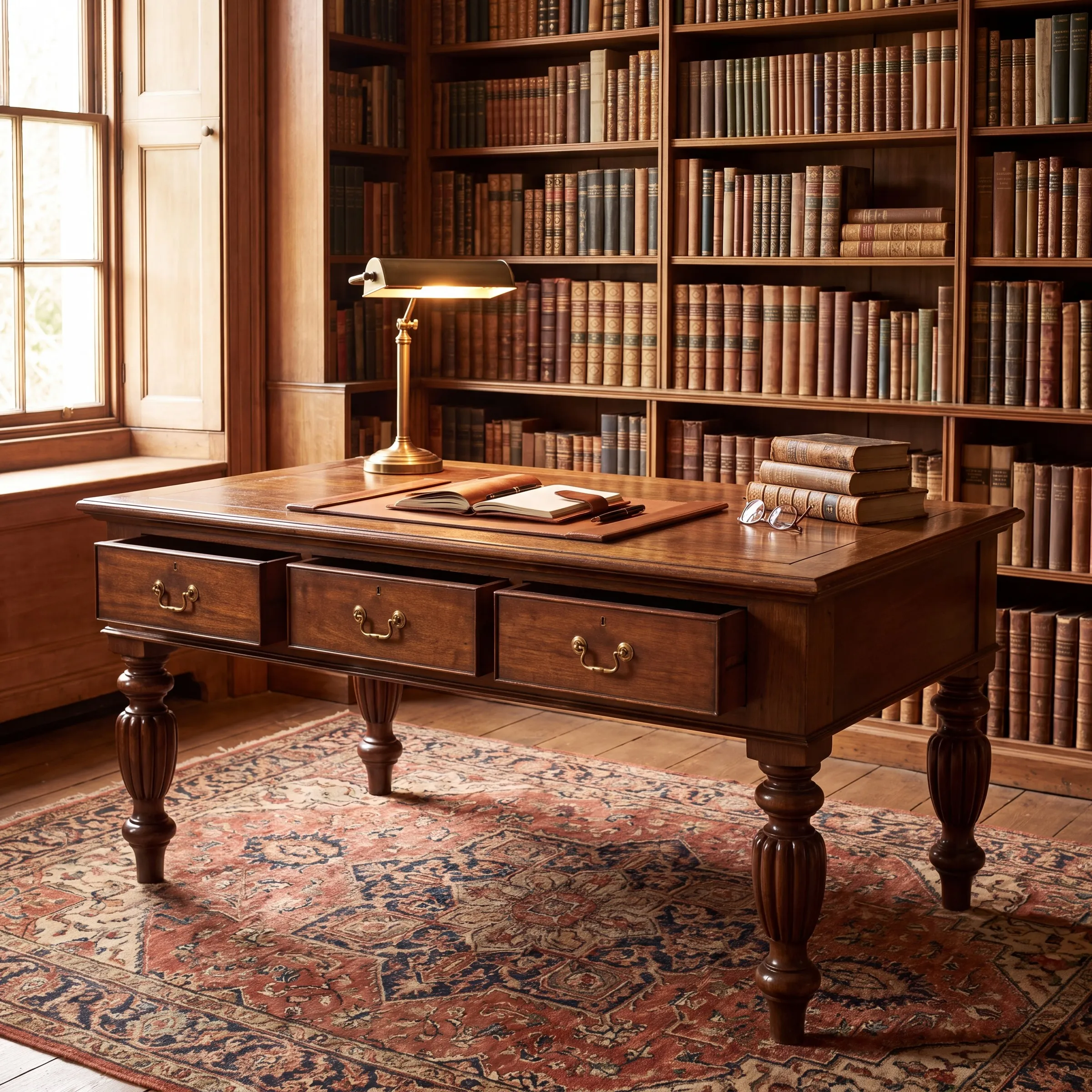An antique mahogany writing table in a study lined with books