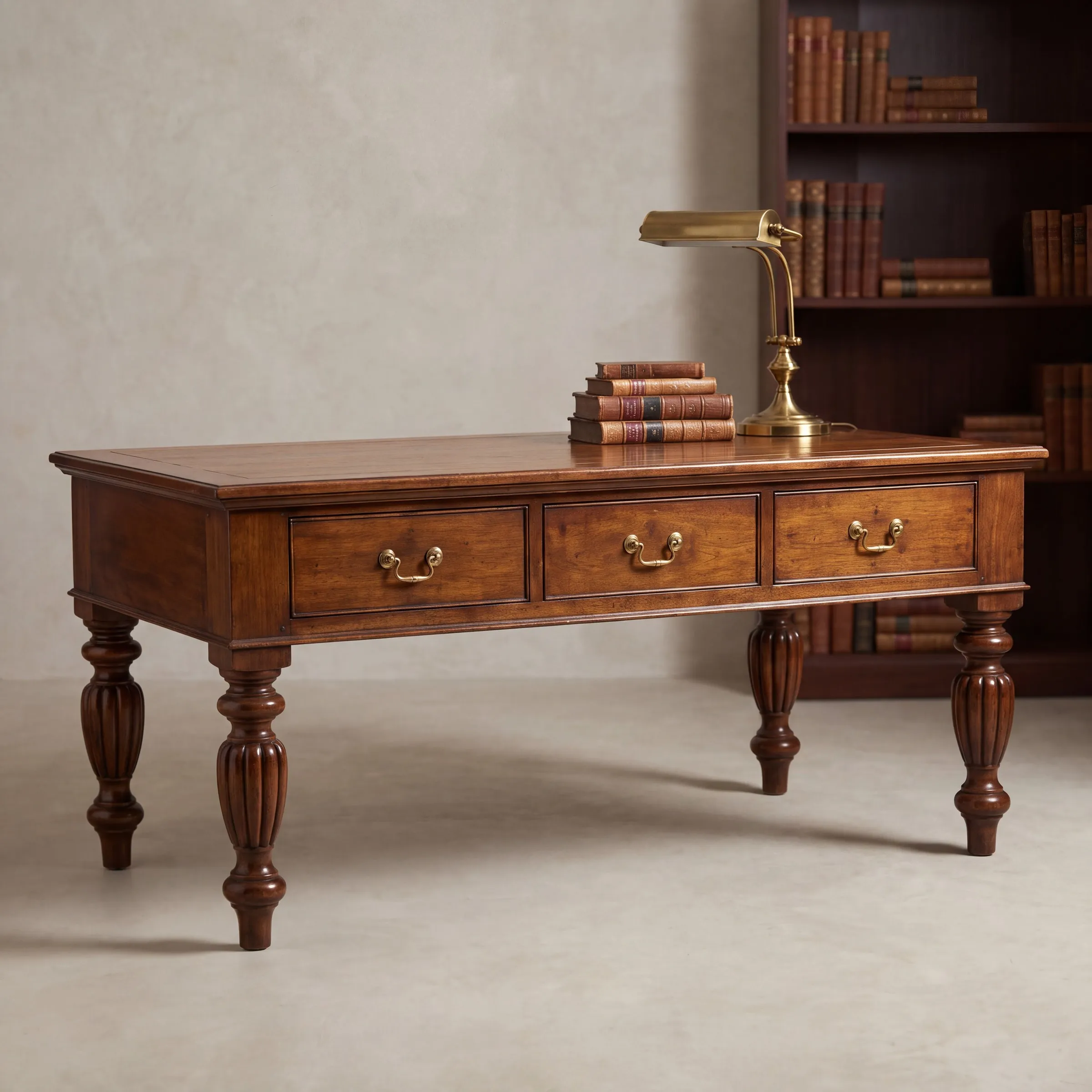 The same table lit on a plaster set, the reeded legs and brass pulls in focus