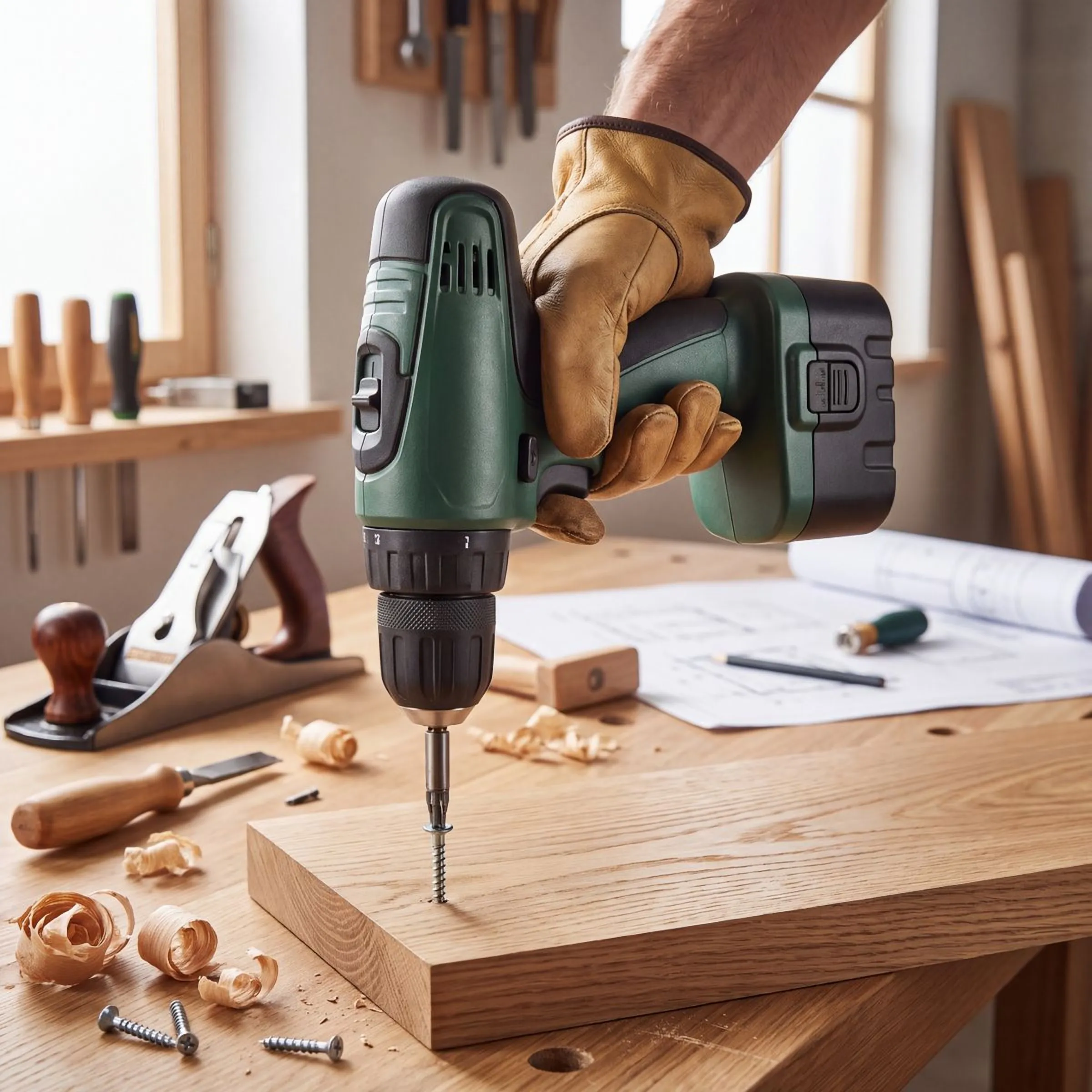 A cordless drill on a workbench, mid job