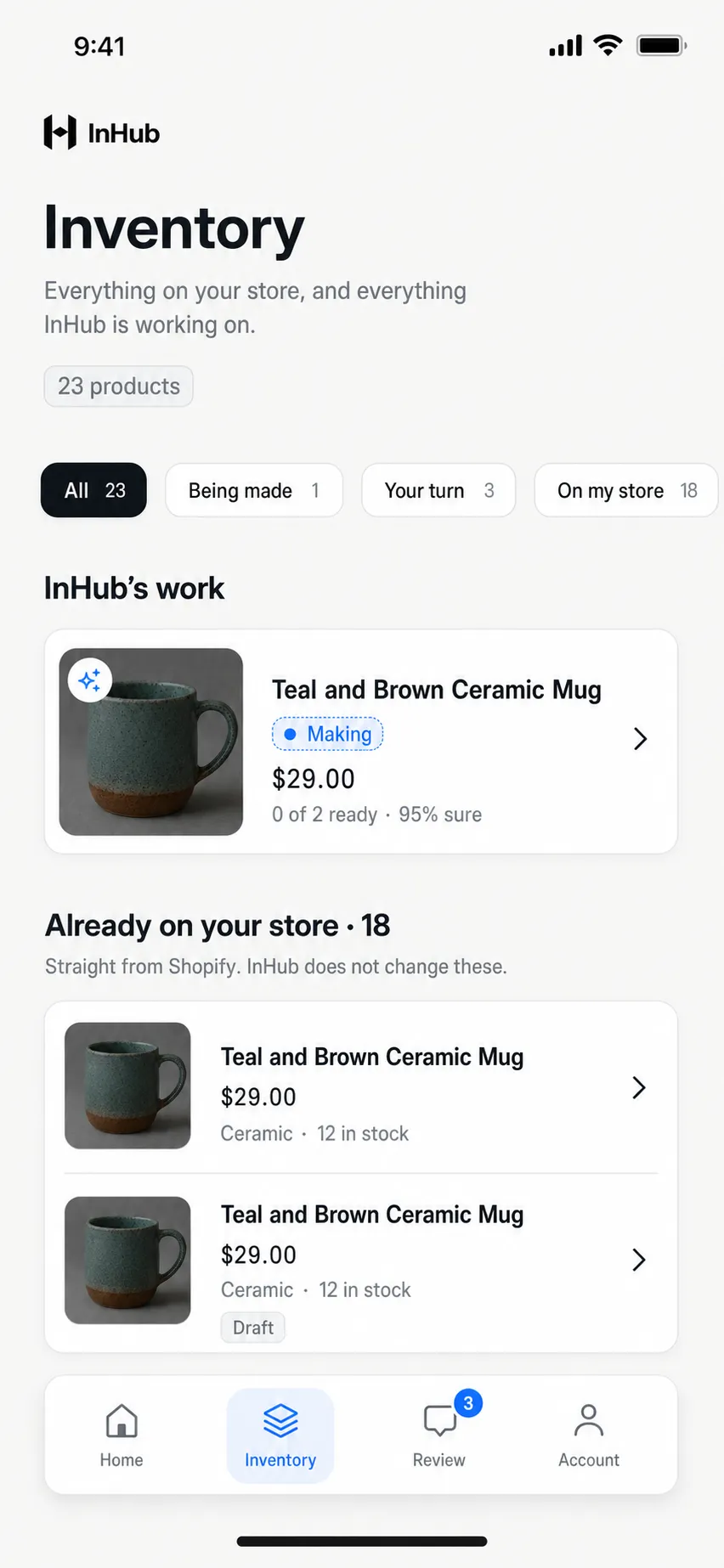The inventory screen: what InHub is making, and the 18 products already on the store