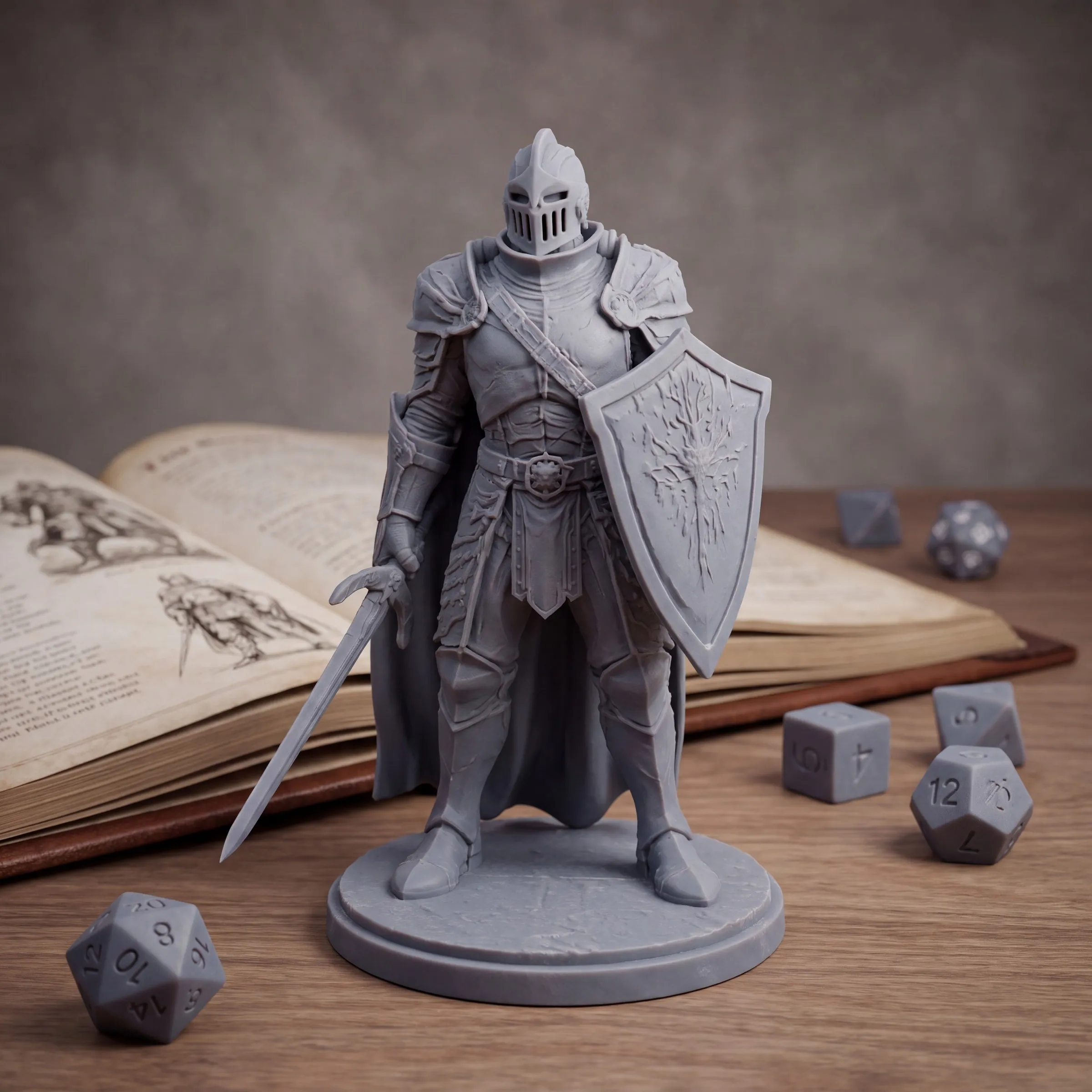 The same knight miniature on a pale set under studio light, finished by InHub
