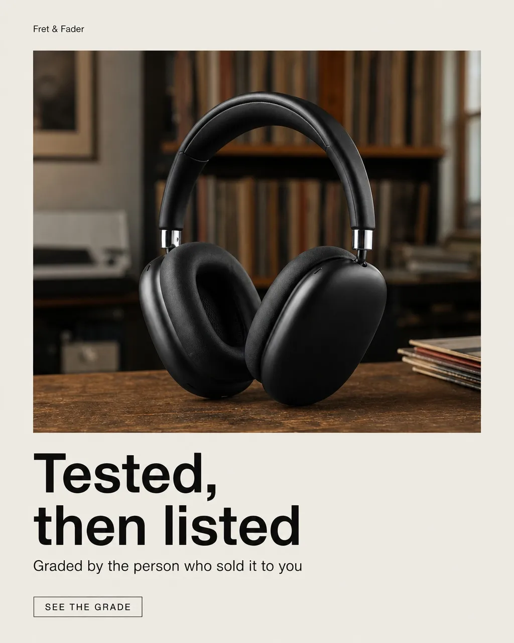 An ad for black over-ear headphones, the photograph inset in a pale margin with the headline beneath it