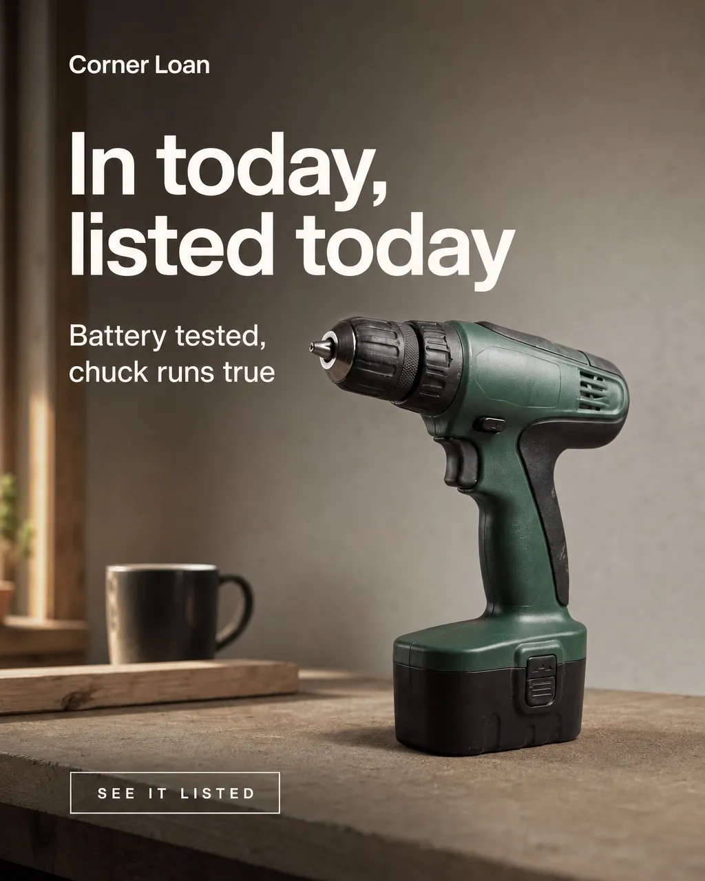 An ad for a cordless drill on a workbench, the headline set into the upper left of the photograph