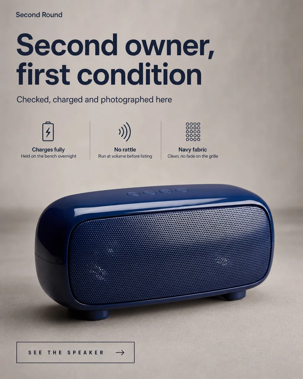 An ad for a navy bluetooth speaker: headline above, a band of three product facts, the speaker below