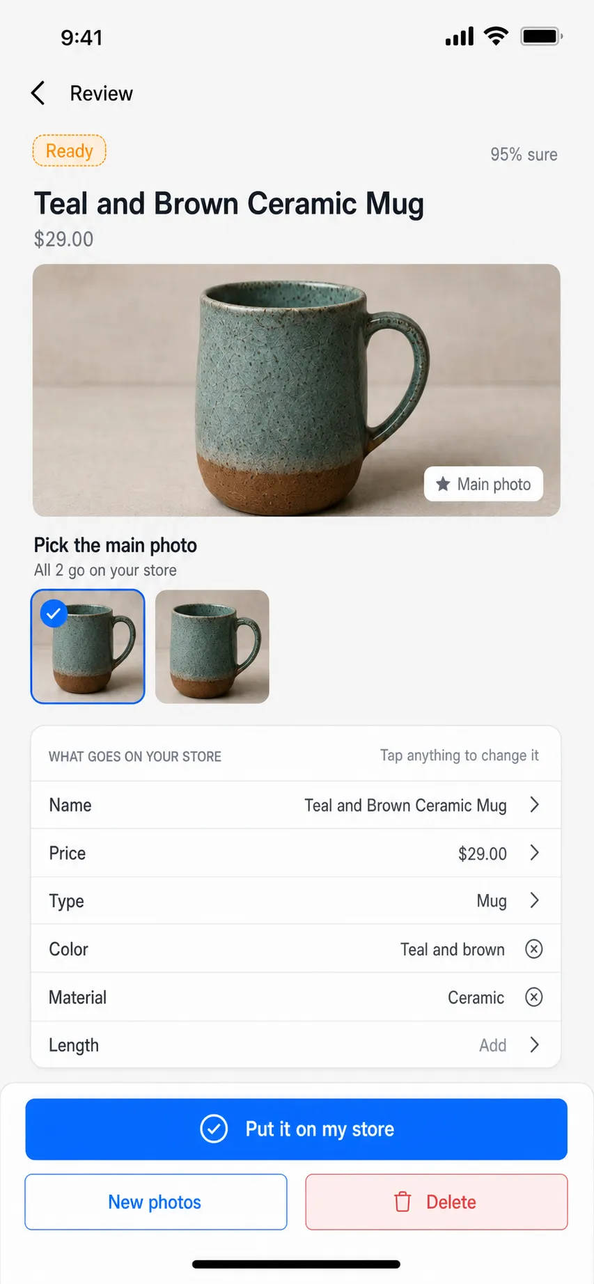 The review screen for a teal and brown ceramic mug: the main photo, the listing fields, and a Put it on my store button