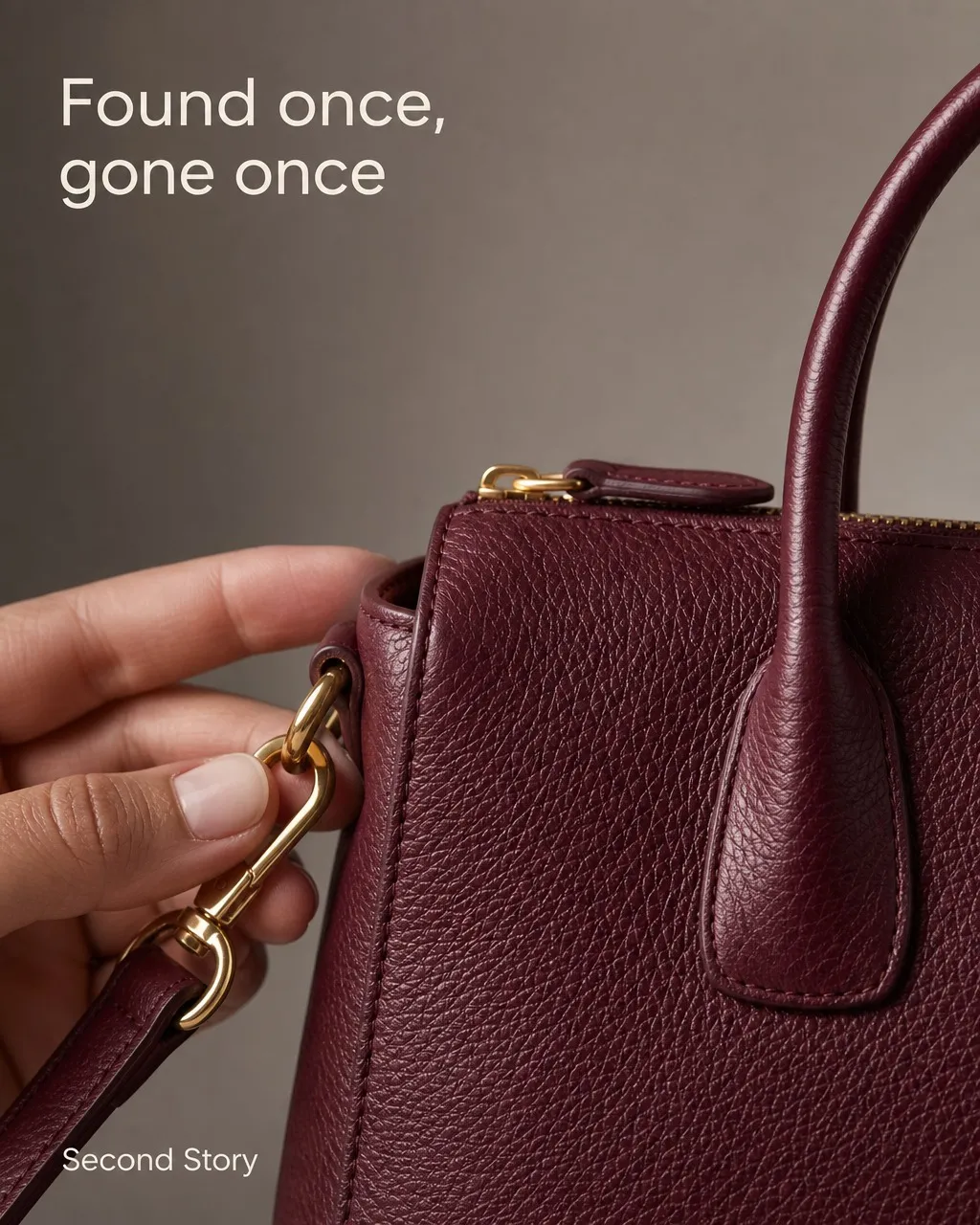 An ad for an oxblood leather satchel held by its strap, the headline set into the top of the photograph