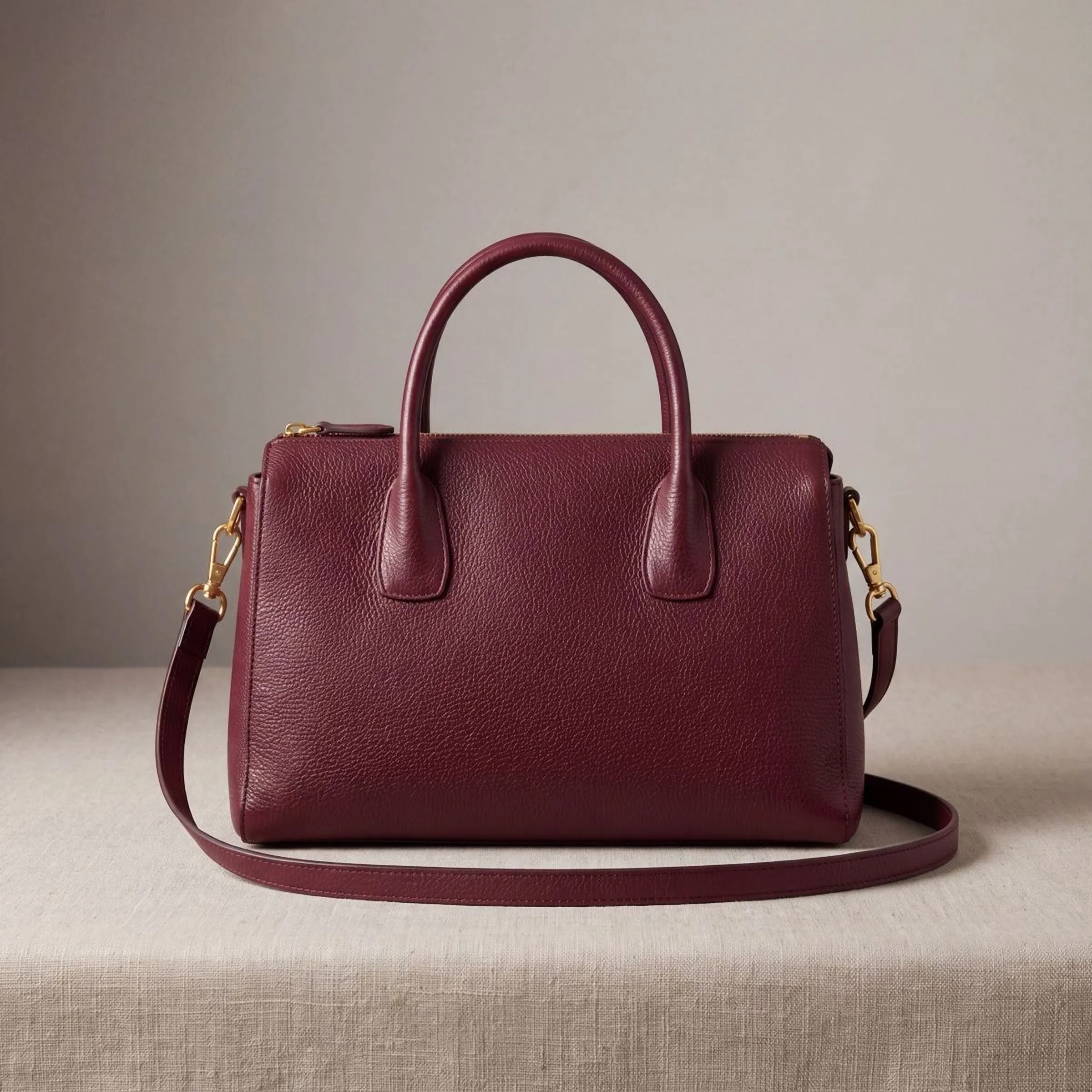 The same bag styled on a linen-draped plinth under studio light