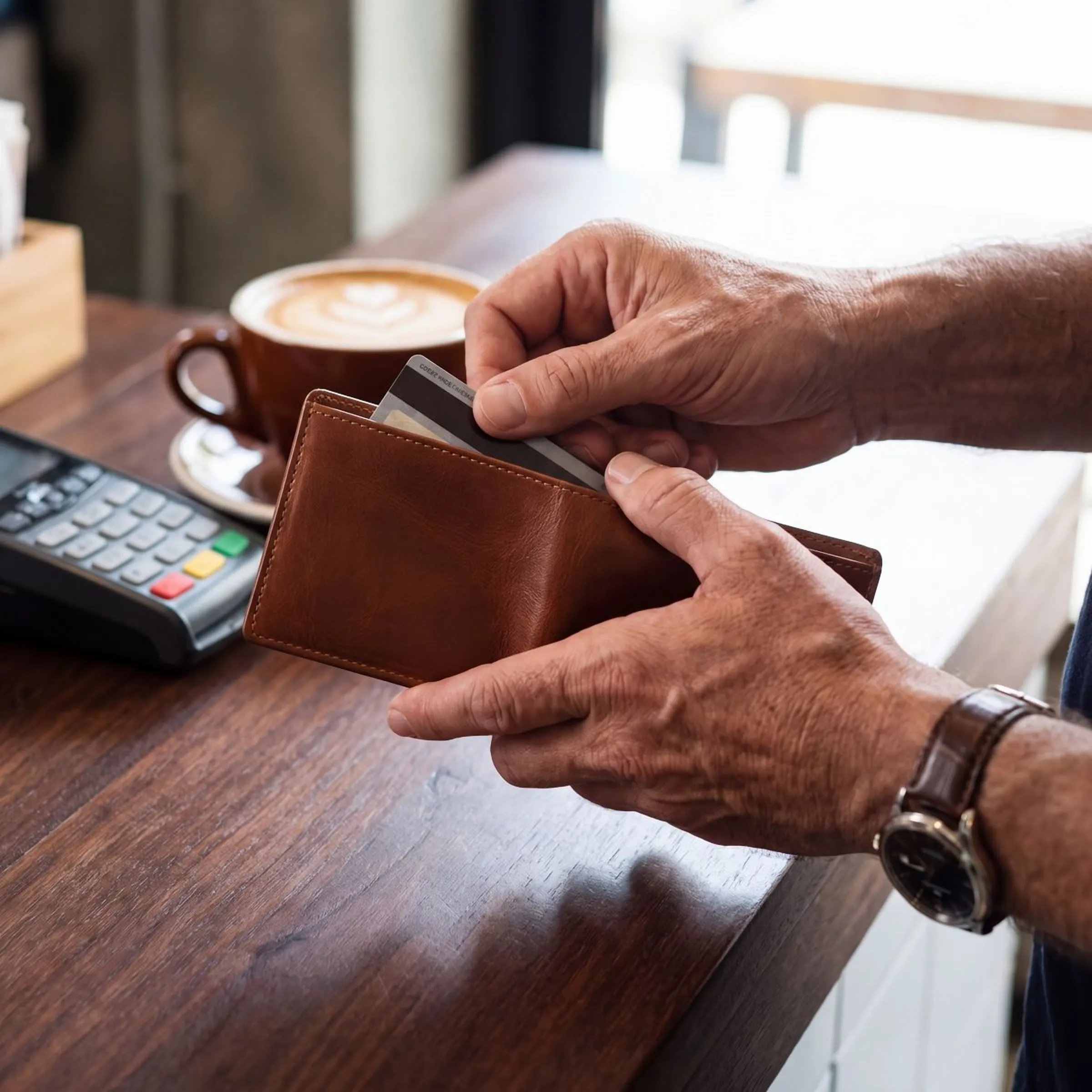 A tan leather wallet held in one hand, photographed by InHub