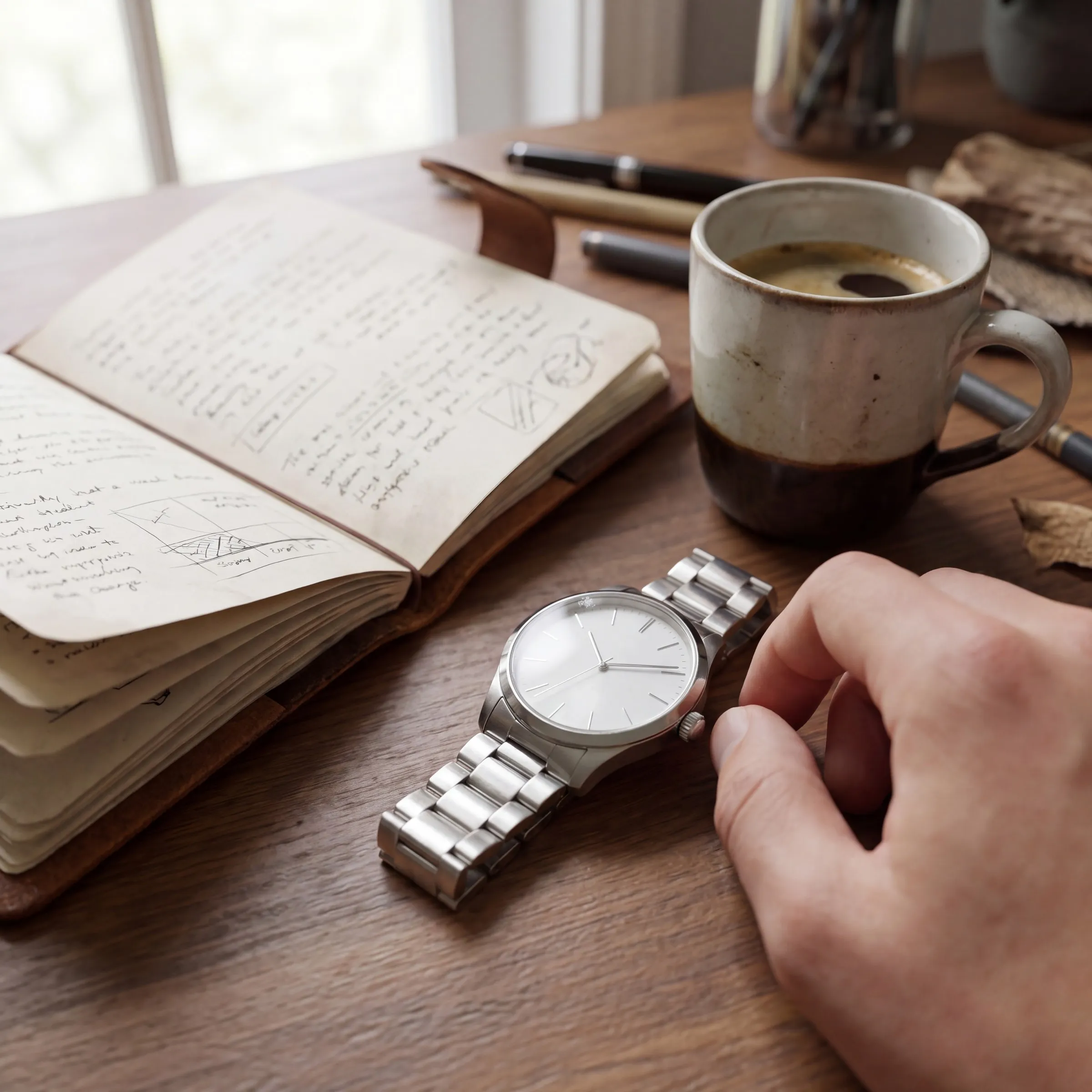 A steel watch on a desk beside a notebook and a cup of coffee