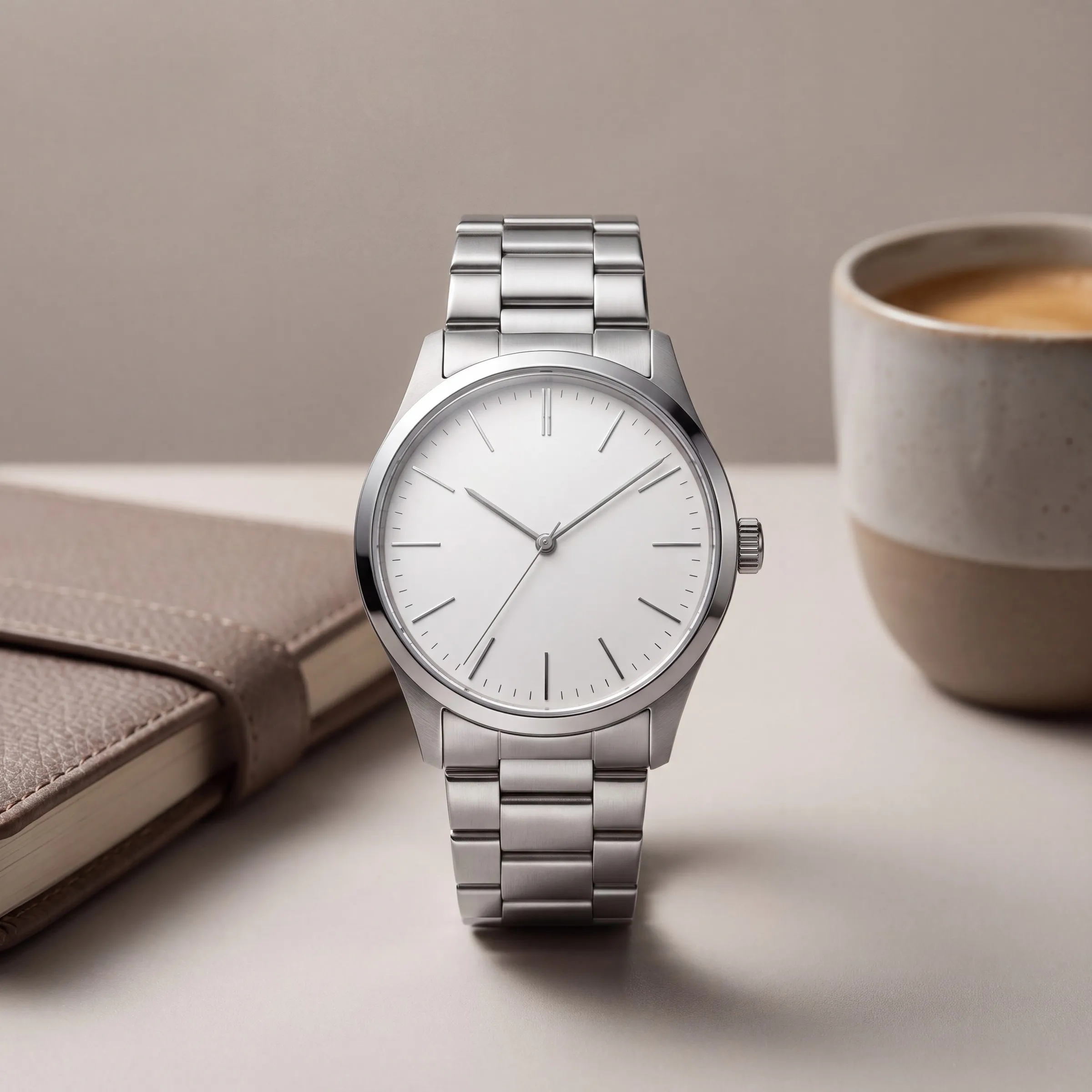 The same watch on a warm neutral set beside a notebook and a cup of coffee